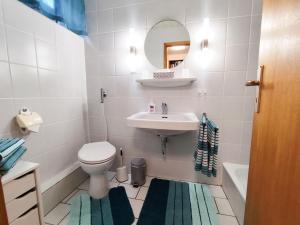 a bathroom with a sink and a toilet and a mirror at Ferienwohnung Iris in Radolfzell am Bodensee
