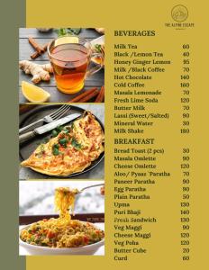 a menu for a restaurant with food and a drink at Private Villa Alpine Escape 6BHK in Manāli +17 photos
