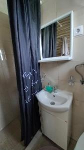 a bathroom with a sink and a shower curtain at Studio Sanja Knez in Soko Banja +27 photos