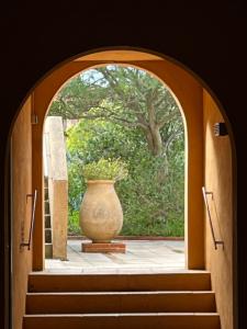a window with a vase sitting on the steps at studio coquet et tranquille in Porquerolles