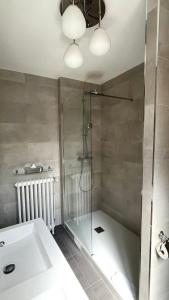 a bathroom with a shower and a sink and a glass shower stall at Appartement Jehan de Beauce in Chartres +7 photos