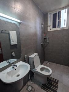 a bathroom with a white toilet and a sink at Zanzi modern 2 bed apartment GF in Zanzibar City +39 photos