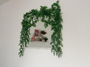 a wreath hanging on a wall with a shelf with plants at Apartman Amal II in Vukovar