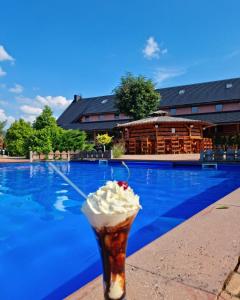 a cone of ice cream next to a swimming pool at Hotel Karczma u Macieja in Bolków
