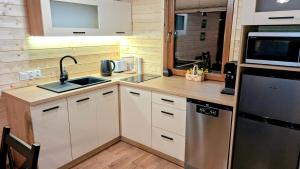 a small kitchen with a sink and a microwave at Domek Bursztyn in Święta Katarzyna +41 photos