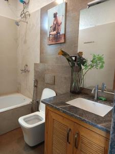 a bathroom with a sink and a toilet and a tub at The Peace Corgaon in Corgao +30 photos