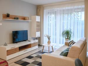 a living room with a couch and a television at Kis kertes lakás in Pusztavacs +9 photos