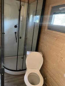 a bathroom with a toilet and a shower at maringotky Šumava in Dlouhá Ves