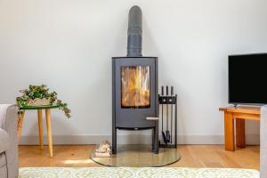 a wood stove in a living room with a tv at 3 Bed in Hayle oc-78551 in Hayle