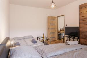 a living room with two beds and a flat screen tv at Apartment Spišská Nová Ves in Spišská Nová Ves