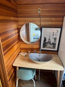 a bathroom with a sink and a mirror at Attico Inn ムーミン公園近く in Hanno