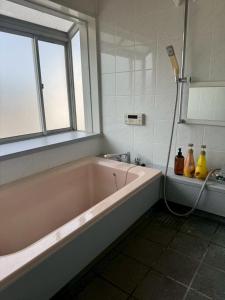 a bathroom with a bath tub and a window at Attico Inn ムーミン公園近く in Hanno +31 photos