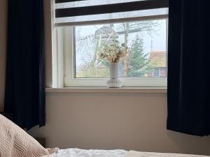 a vase of flowers sitting on a window sill at Appartement Ocean Breeze Nes Ameland in Nes