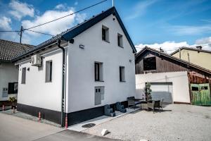 a white house with a blue roof at MVSV Apartment in Kamnik
