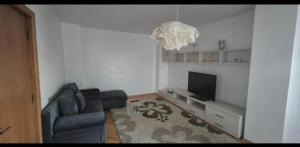 a living room with a couch and a television at Sara Apartment Centru Râmnicu Vâlcea in Râmnicu Vâlcea