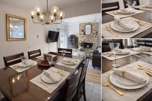 a dining room and kitchen with a table with plates and silverware at Charming Getaway Make Memories in Sterling Heights