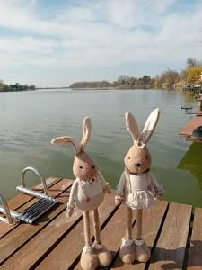 two stuffed rabbits sitting on a dock near a body of water at BékaLak Vendégház in Ráckeve