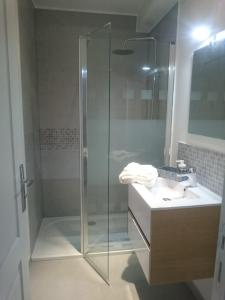 ein Bad mit einer Glasdusche und einem Waschbecken in der Unterkunft Home Appart in Armentières