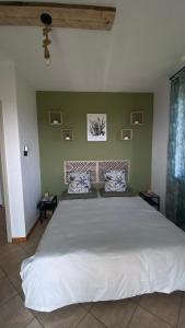 a large bed in a bedroom with green walls at Ostello di Lussello in Villadeati