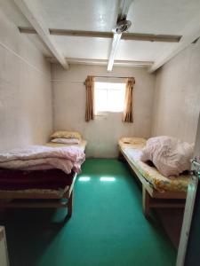 a room with two beds and a green floor at Hill-Ten in Namche