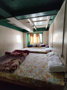 two beds in a room with green walls at Hill-Ten in Namche