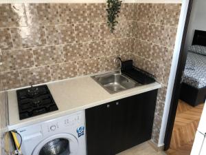 a kitchen with a sink and a washing machine at Studio Central Doamnei in Bucharest +6 photos