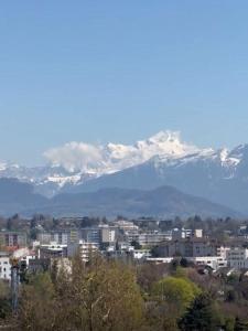a city with snow covered mountains in the background at Studio cosy - Porte de Genève & Voie Verte in Ambilly