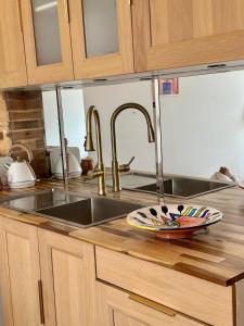a kitchen with a sink and a plate on a counter at Studio cosy - Porte de Genève & Voie Verte in Ambilly +26 photos
