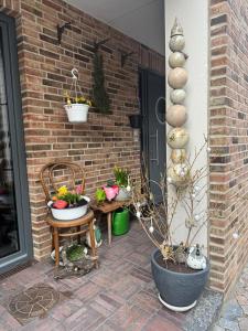 a patio with a plant in a pot next to a brick wall at Gode Wind in Eckernförde