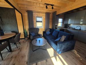 a living room with a blue couch and a table at Domek Dolina Żurawia in Borzynowo