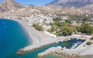 an aerial view of a beach and the ocean at Myrtos Olive Seaside Villa in Myrtos
