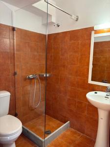 a bathroom with a shower with a toilet and a sink at Bay Watch in Karpathos +58 photos