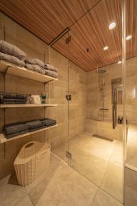 a bathroom with a shower and a glass shower stall at LAGUNA OKINAWA Beachfront YAKA in Kin +88 photos