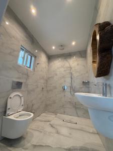 a bathroom with a white toilet and a sink at City Retreat Arusha in Arusha +68 photos