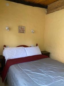 a bedroom with a bed with a blue bedspread and avertisement at Luna Huasi Posada in Maimará
