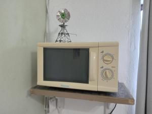 a microwave sitting on a shelf with a fan at Ebenezer Verblyf in Fraserburg