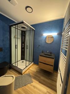 a bathroom with a glass shower and a sink at Penzion Bašta in Bílina