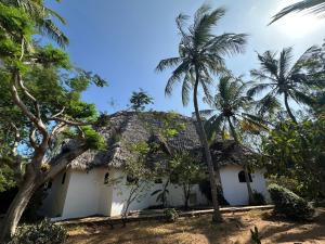 a house with a thatched roof and palm trees at Sofia House - Beach Paradise with Kite, Dive and more in Watamu