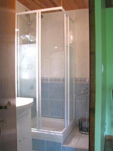 a shower with a glass door in a bathroom at Chez clÉmentine in Antheny +6 photos