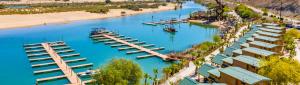 an aerial view of a marina with boats in the water at Pirate Cove Resort in Needles