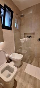 a bathroom with a toilet and a sink and a shower at GyC Laguna Resort in Chascomús +18 photos