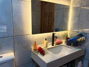 a bathroom with a sink and a mirror at Hiva's Place climatisé terrasse vue sur mer -Huahine in HUH