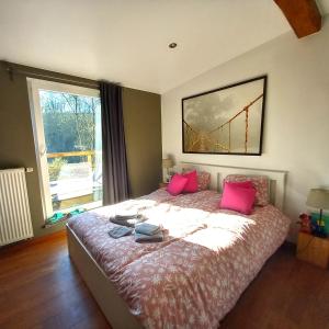 a bedroom with a bed with pink pillows and a window at Chez Madame Irma in Sougné-Remouchamps