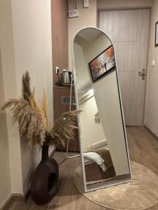 a mirror in a room with a vase with a plant at Aarcos Stays in Greater Noida