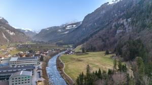 a town in a valley with a river and mountains at Muota River Loft & Muota Industry Apartment near Stoos in Muotathal
