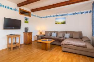 a living room with a couch and a tv at Am Rückerlhof in Waldmünchen