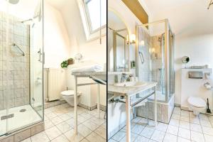 two pictures of a bathroom with a shower and a toilet at Hotel Villa Königsgarten in Siebeldingen +30 photos