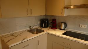 a kitchen with a sink and a counter top at Kapitänshaus Schäfer App Bootsmann in Brunsbüttel