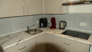 a kitchen counter with a sink and a appliance at Kapitänshaus Schäfer App Bootsmann in Brunsbüttel