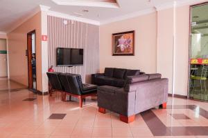 a living room with a couch and chairs and a television at Canadá Hotel in Rio Verde